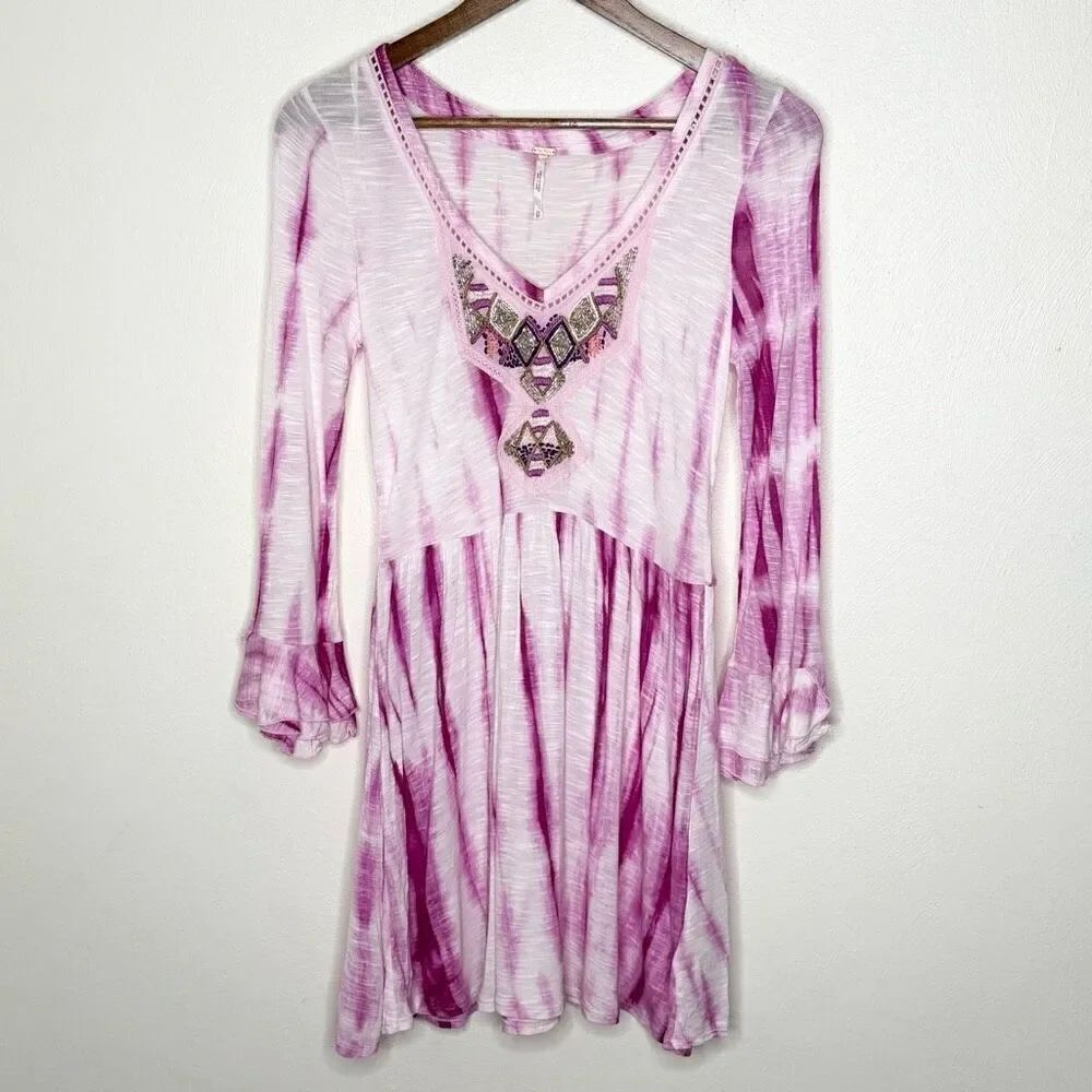 Free People Sun Up Pink Tie Dye Mini Dress Flutter Sleeves - Women’s US XS